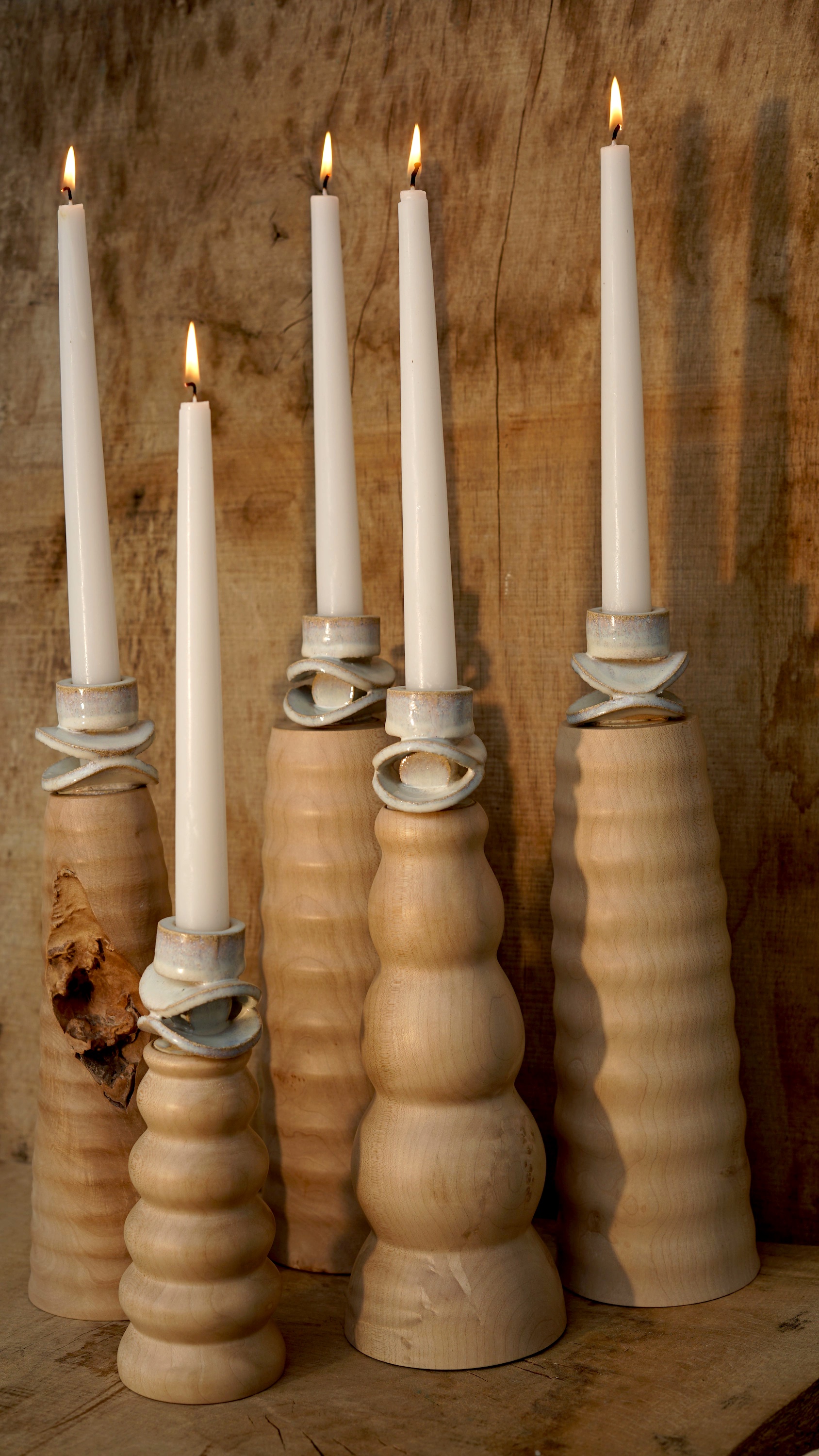 Sycamore candlesticks with ceramics.